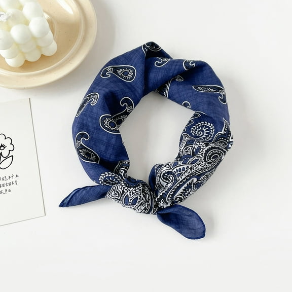 Namzi Elegant Personalized Scarf Small Square Scarf Spring New European and American Headband Versatile Printed Cotton and Hemp Scarf -1 Piece (Dark Blue)