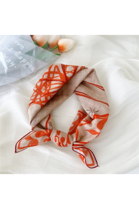 Elegant Personalized Scarf Small Square Scarf Spring New European and American Headband Versatile Printed Cotton and Hemp Scarf -1 Piece (Orange)