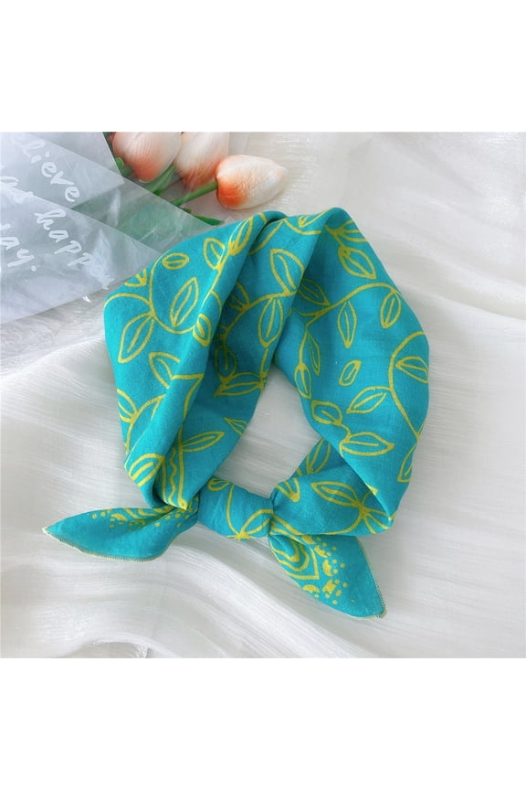 Elegant Personalized Scarf Small Square Scarf Spring New European and American Headband Versatile Printed Cotton and Hemp Scarf -1 Piece (Blue)