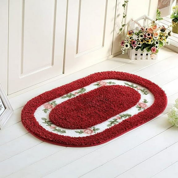 Namzi Elegant Rose Flower Bathroom Rugs Bath Mat Door Mat Kitchen Welcome Mat Soft Non Slip Absorbent Rug Oval Red 16" X 24"