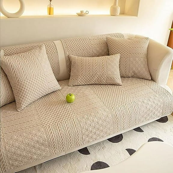 Namzi Farmhouse Geometric Embroidered Couch Sofa Cover Cotton Quilted Sectional Couch Cover Non-Slip Sofa Slipcover Furniture Protector for Kids, Dogs, Cats (Khaki,28"x28")