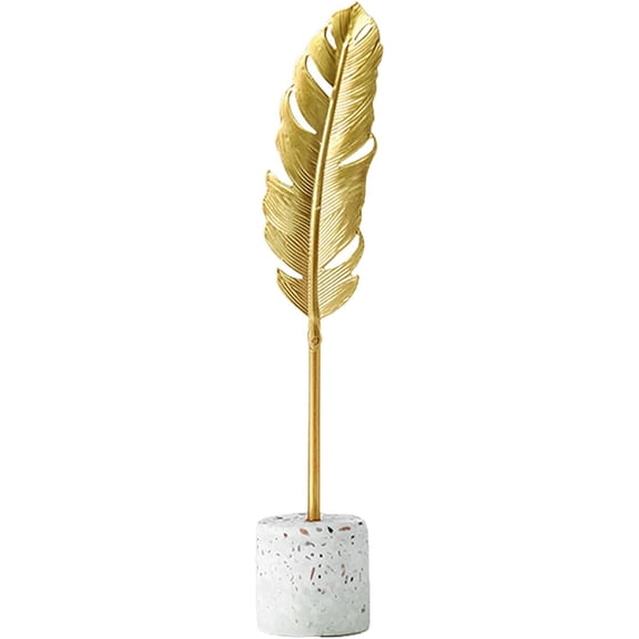 Namzi Figurines Toys Decor,Leaf Ornament Simple Design Marble Base Nordic Style Golden Wrought Iron Feather Garniture for Home （Large）
