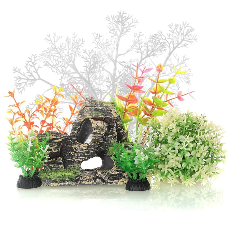 Namzi Fish Tank Accessories 7-Piece Artificial Aquarium Plants Rock ...