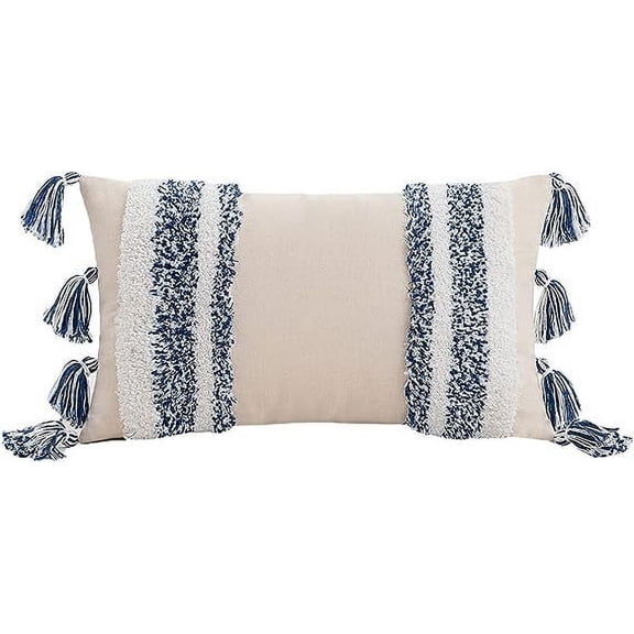 Namzi Geometric Embroidery Tufted Lumbar Throw Pillow Covers 12x20 Inch Boho Cotton Canvas Woven Tufted Tassel Cushion Covers Home Decor (Navy,12"x20")