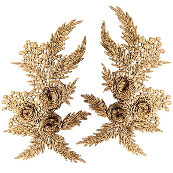 Namzi Golden Polyester Rose Leaf Lace Applique, 1 Pair 11.42*2.76 Inch Embroidered Floral Sew Patches for Fashion Garment Decoration