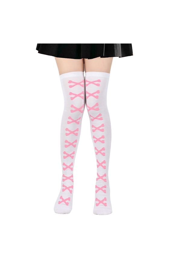 Halloween Thigh High Long Stockings Over Knee Stockings Cosplay Festival Socks White and Pink bone