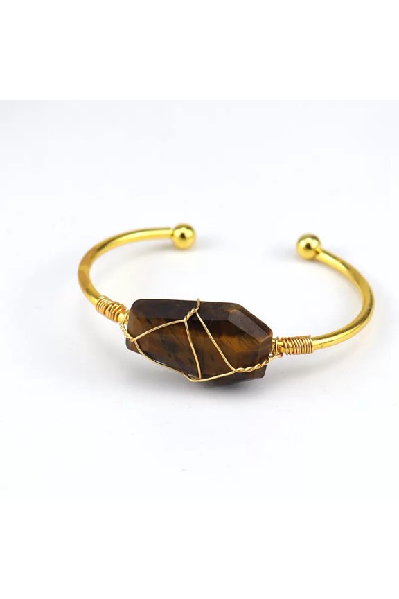 Handmade Beaded Bracelet, Suitable for Men and Women, Handmade Gold Copper Wire Wrapped Natural Crystal Hexahedral Bracelet, Original Stone Crystal Bracelet (Brown)