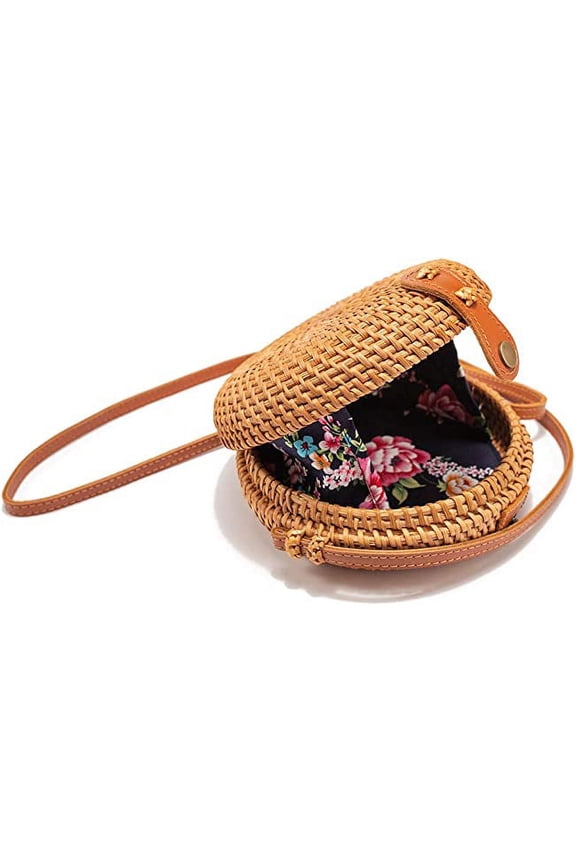 Handwoven Circle Rattan Straw Crossbody Bag for Women 7.1" with Adjustable Genuine Leather Strap Natural Chic Hand, Small