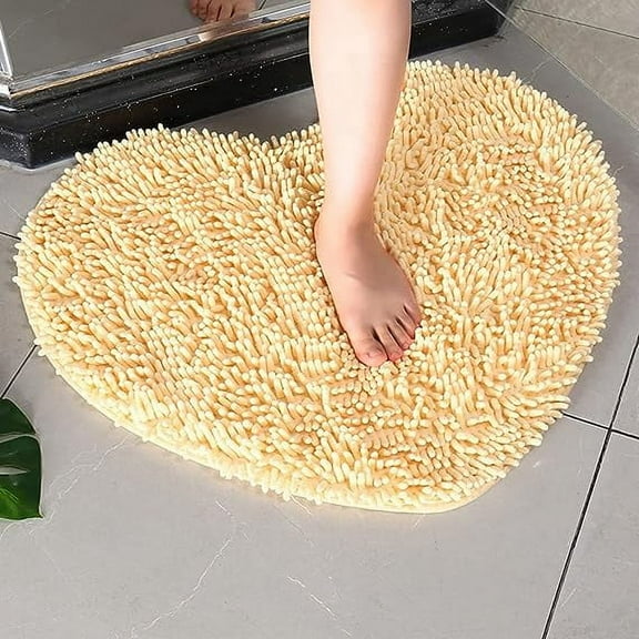 Namzi Heart Shaped Chenille Bath Rugs Extra Soft and Absorbent Shaggy Rugs Non-Slip Washable Plush Carpet for Tub Bathroom Shower Mat Beige Yellow 20"x24"