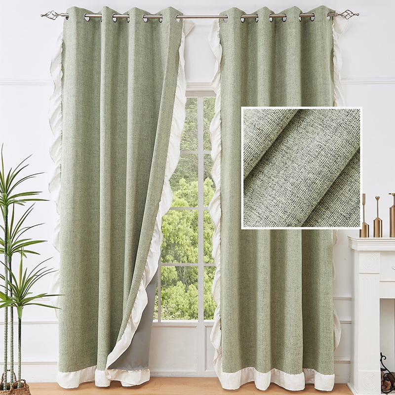 Namzi Linen Curtains 132*214CM- 1 slice Light Green Blackout, Thermal Insulated Window Drapes for Bedroom Living Room, Blackout Curtains for Privacy & Light Control
