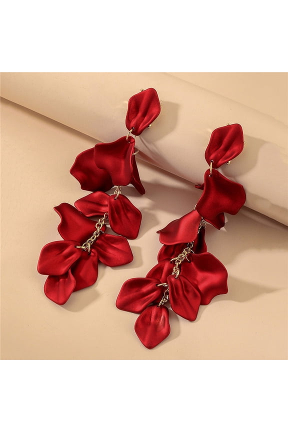 Long Acrylic Rose Petal Earrings Dangle Exaggerated Flower Earrings Drop Floral Tassel Earrings-Red