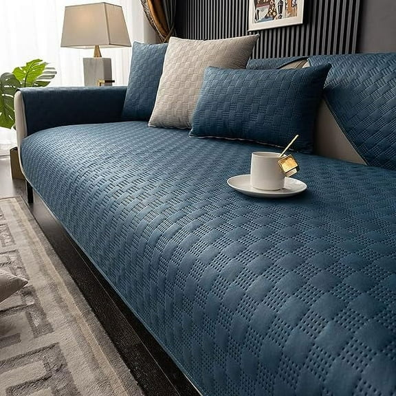 Namzi Luxury Water Resistant Quilted Sofa Cover Faux Suede Plaid Sectional Couch Cover Anti-Slip Sofa Slipcover for Dogs, Children, Pets Furniture Protector (Dark Blue,36"x70")
