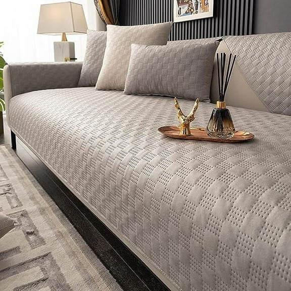 Namzi Luxury Water Resistant Quilted Sofa Cover Faux Suede Plaid Sectional Couch Cover Anti-Slip Sofa Slipcover for Dogs, Children, Pets Furniture Protector (Light Grey,28"x28")