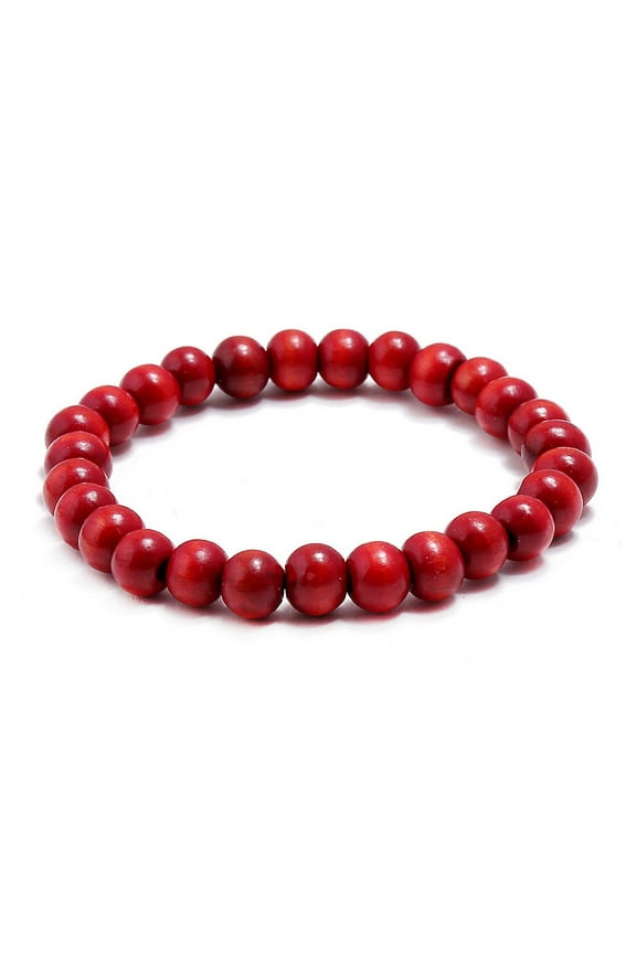 Mens Womens Wood Beaded Stretch Bracelet - Red