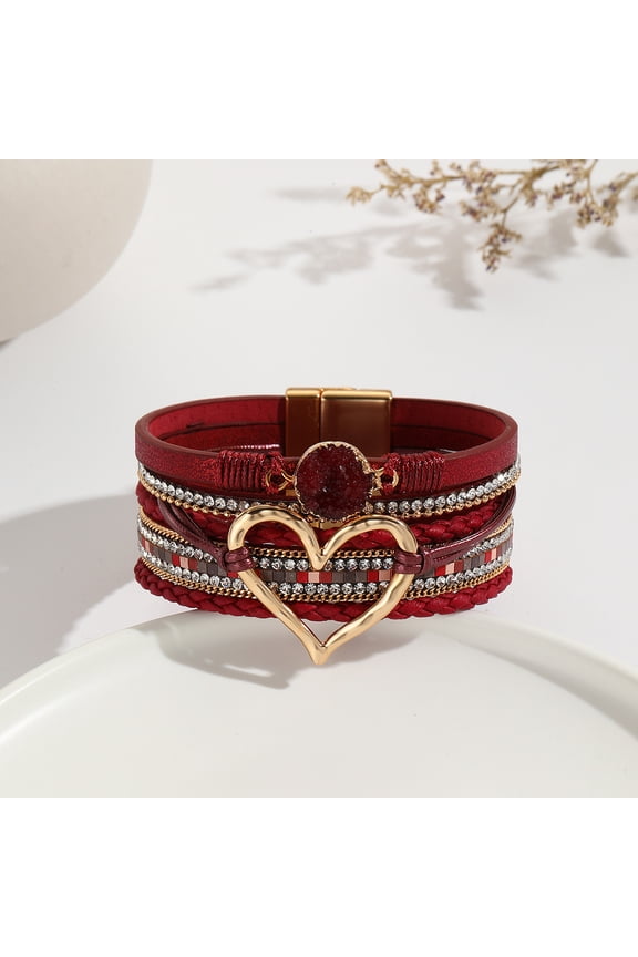 Multilayer Leather Wrap Bracelet Heart-Shape Wide Cuff Bracelets-Dark Red