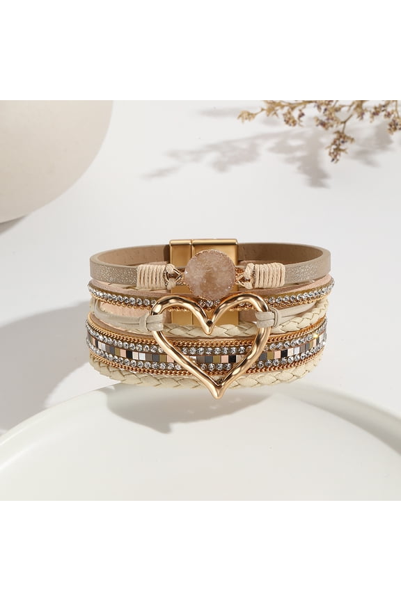 Multilayer Leather Wrap Bracelet Heart-Shape Wide Cuff Bracelets-Khaki