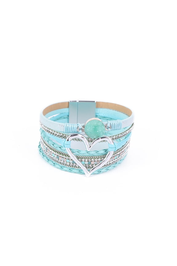 Multilayer Leather Wrap Bracelet Heart-Shape Wide Cuff Bracelets-Light Blue