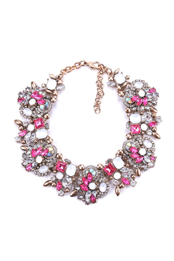 Necklace Colorful Glass Crystal Collar Choker Necklace-Dark Pink