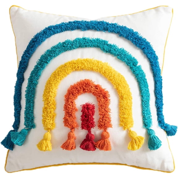 Namzi Nordic Morocco Throw Pillow Case Colorful Rainbow Bridge Tufted Tassel Decorative Cushion Cover for Kids Playroom Sofa Couch Bedroom