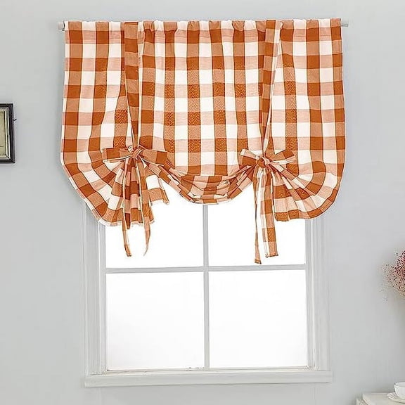 Namzi Orange and White Buffalo Check Tie Up Curtains Farmhouse Thermal Insulated Window Adjustable Balloon Curtain Shade for Small Window (24" x 47", Orange)