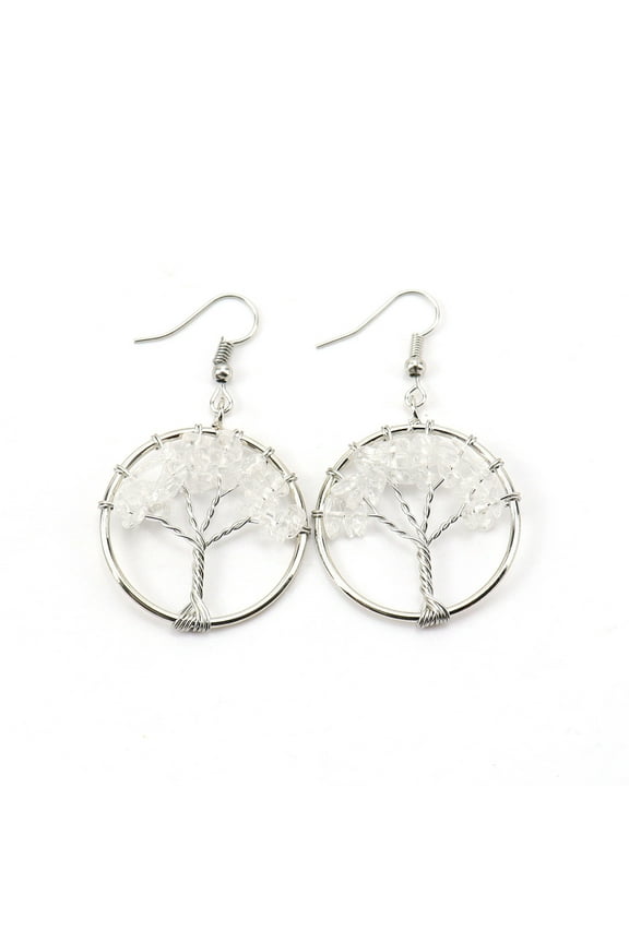Personalized Natural Stone Earrings, Hand Wrapped Silver 3cm Natural Crystal Stone Life Tree Pendant Earrings (White)