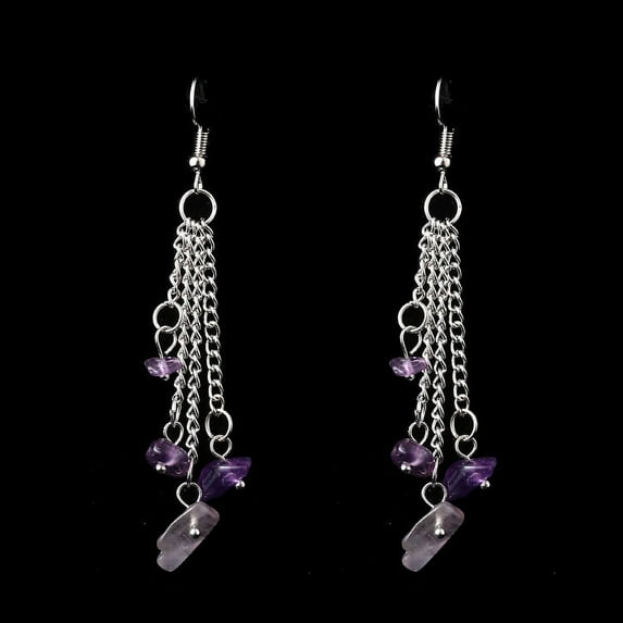 Namzi Personalized Natural Stone Earrings, Handmade Natural Crystal Stone Multi layer Chain Tassel Beaded Earrings (Purple)