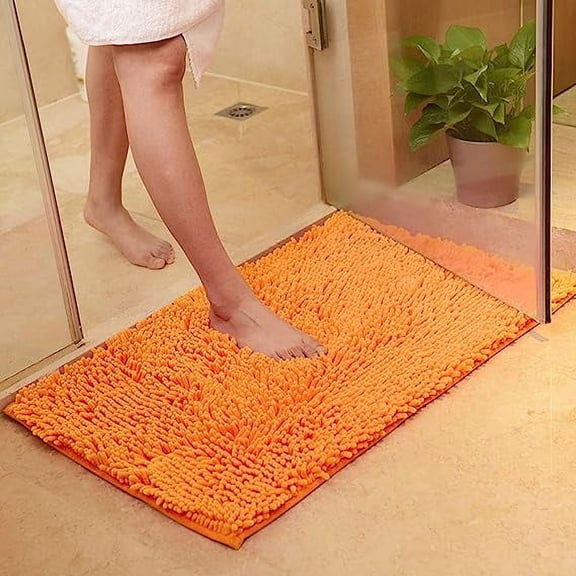 Namzi Plush Chenille Bath Rugs Extra Soft and Absorbent Microfiber Shag Rug, Non-Slip Runner Carpet for Tub Bathroom Shower Mat Orange 16" X 24"