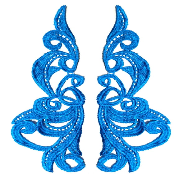 Namzi Polyester Blue Embroidery Lace Applique 1 Pair, 7.48*3.54 Inch Symmetric Scroll Floral Motif Patch for Gown Evening Dress Decor