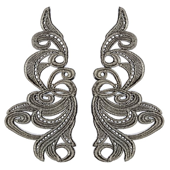 Namzi Polyester Brown Embroidery Lace Applique 1 Pair, 7.48*3.54 Inch Symmetric Scroll Floral Motif Patch for Gown Evening Dress Decor