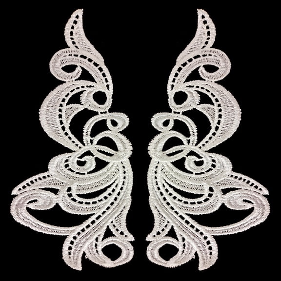 Namzi Polyester White Embroidery Lace Applique 1 Pair, 7.48*3.54 Inch Symmetric Scroll Floral Motif Patch for Gown Evening Dress Decor