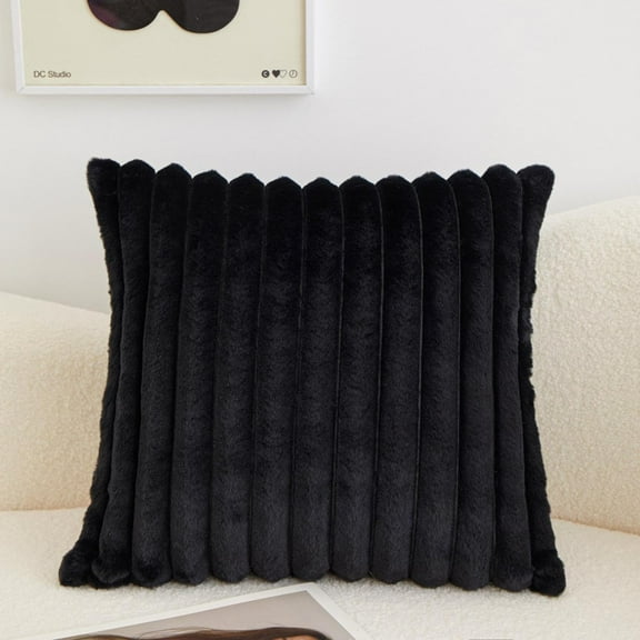Namzi Rabbit Fur Vertical Strip Pillow Autumn and Winter Home Fabric Sofa Decoration Cushion Bedroom Lumbar Support 18*18inch(Black)