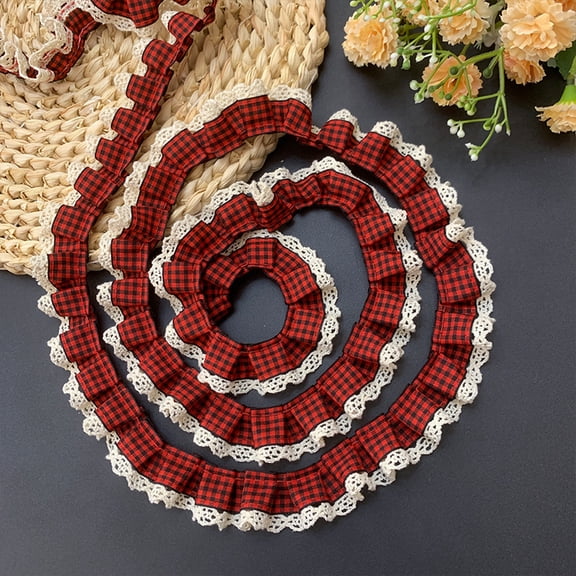Namzi Red and Black Checkered Pleated Lace Trimmings for Hem of Clothes,Cuffs,and Add Decorative Edge to Pillowcases,Curtains,Tablecloth,Sofa Cover,360*0.98 Inch