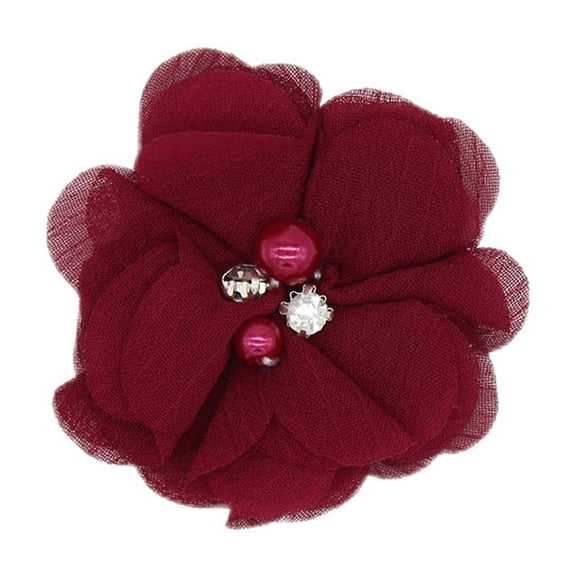 Namzi Rhinestone Chiffon Flowers, 10 Pcs Fabric Ribbon Bows for Headbands, Crafts, Party Decorations,Dark Red