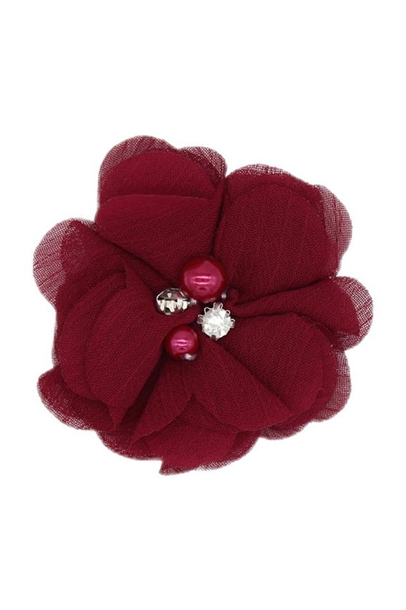 Rhinestone Chiffon Flowers, 10 Pcs Fabric Ribbon Bows for Headbands, Crafts, Party Decorations,Dark Red
