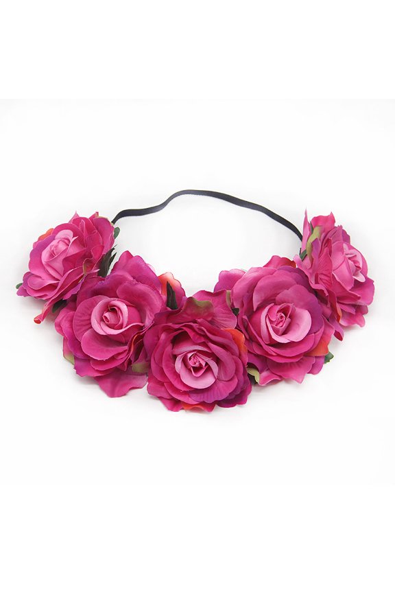 Rose Flower Crown Wedding Festival Headband Hair Garland Wedding Headpiece (Dark Pink A)