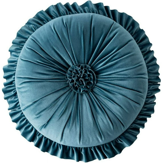 Namzi Round Throw Pillow with Ruffles, Pumkin Pleated Velvet Chair Cushion 3D Floral Decorative Floor Pillow for Sofa Bedroom Office Car (Blue,Diameter 14")