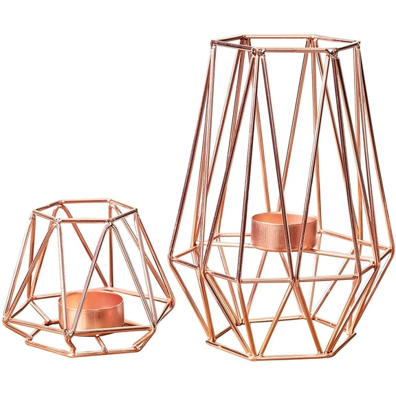 Namzi Set of 2 Metal Hexagon Shaped Geometric Tea Lights, Candle Holders Metal Wire Iron Hexagon Shaped for Vintage Wedding Living Room Bathroom Decorations (L+S, Rose Gold)