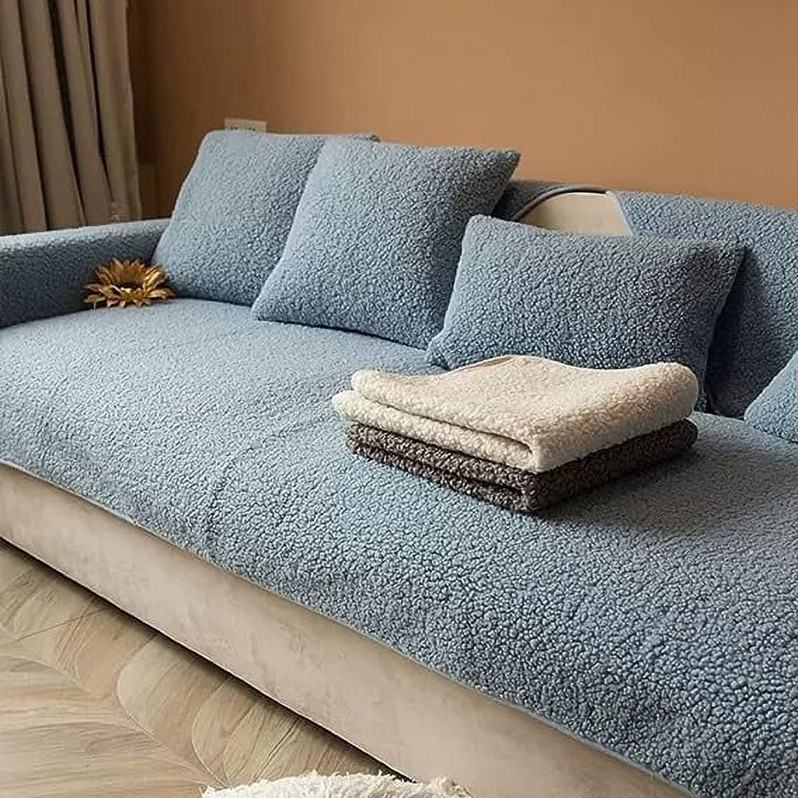 Namzi Sherpa Fleece Couch Cover Faux Fur Sofa Slipcover Sectional Couch Covers for Dogs Pets Kids Love Seat Recliner Leather L Shaped, Anti-Slip Sofa Cover, 1 Piece/Not All Set (Blue,27"x27")