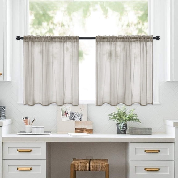 Namzi Small Window Curtains - Light brown Sheer Kitchen Curtains 132*46cm - 2 slice Rod Pocket Curtains, Wide Short Curtains for Small Windows, Decorative Sheer Drapes