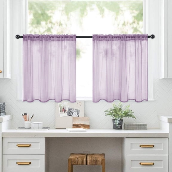Namzi Small Window Curtains -Light purple Sheer Kitchen Curtains 76*60cm - 2 slice Rod Pocket Curtains, Wide Short Curtains for Small Windows, Decorative Sheer Drapes