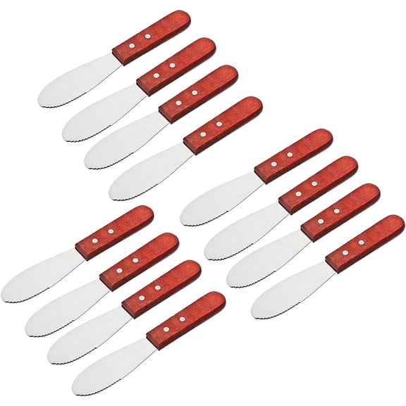 Namzi Stainless Steel Straight Edge Wide Butter Spreader Deluxe Sandwich Cream Cheese Condiment Knives Set Kitchen Tools, Wood Handle, 8 (12)
