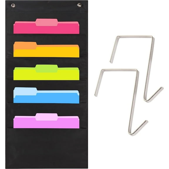Namzi Storage Pocket Chart, 5 Pockets Hanging Wall File Organizer with 2 Hooks, Hanging Pocket Chart - Hanging Storage Organizer for School, Home or Office Wall Pocket Chart, Black