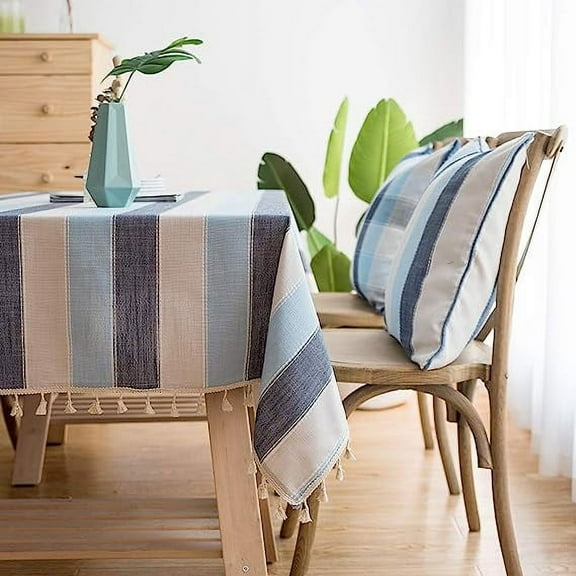Namzi Striped Cotton Linen Tablecloth/Table Cover with Tassel Blue Navy Rectangle/Oblong 55 X 70 in