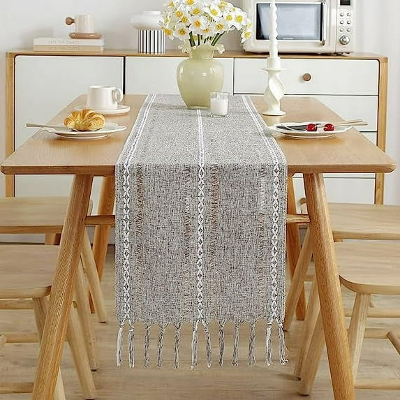 Namzi Table Runner, Rustic Farmhouse Table Runners with Tassels, Boho Cotton Linen Table Runner for Table Decorations, Holiday Party and Wedding, 108 Inches, Brown