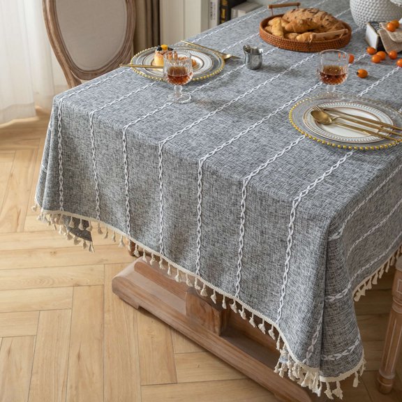 Namzi TableclothGray Striped Embroidery Tassel Table Cover, Polyester Cotton Blend, Modern Natural Elegant Home Decor,35.43x55.12In, 1 Piece