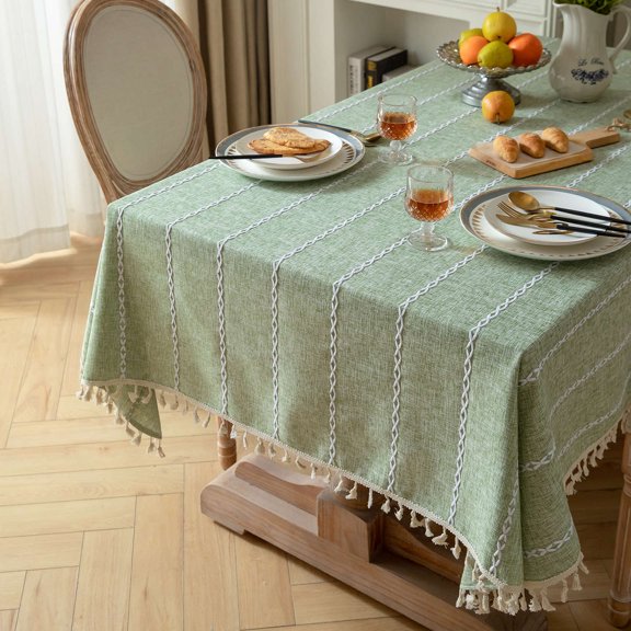 Namzi TableclothGreen Striped Embroidery Tassel Table Cover, Polyester Cotton Blend, Modern Natural Elegant Home Decor,35.43x55.12In, 1 Piece