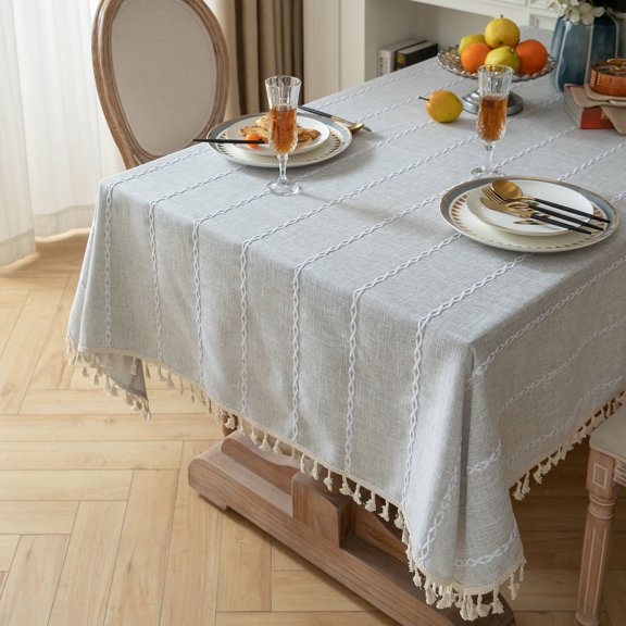 Namzi TableclothLight Gray Striped Embroidery Tassel Table Cover, Polyester Cotton Blend, Modern Natural Elegant Home Decor,35.43x55.12In, 1 Piece