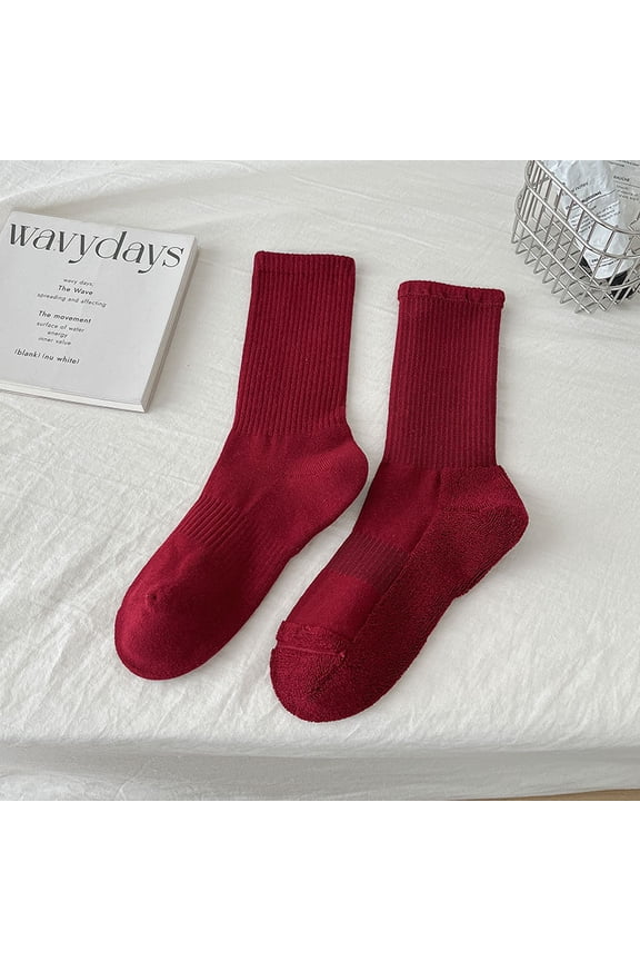 Towel Bottom Running Socks 1 Pair Sweat Absorbing Sports Socks, Cushioned Cotton Athletic Boat Socks for Running, Gym, Training,Dark Red