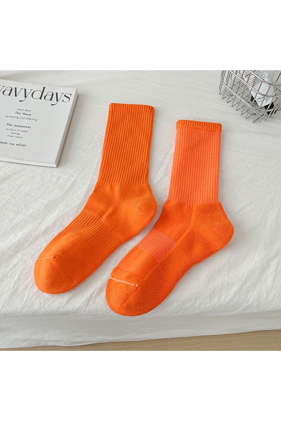 Towel Bottom Running Socks 1 Pair Sweat Absorbing Sports Socks, Cushioned Cotton Athletic Boat Socks for Running, Gym, Training,Orange