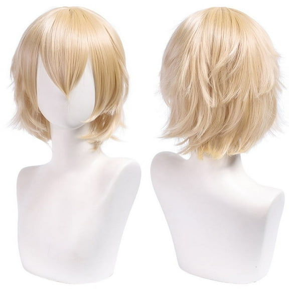 Namzi Unisex Anime Short Hair Wig Cosplay Anime Wig Fluffy Layered Costume Wig Heat Resistant Synthetic Costume Party Prom Wigs with Bangs，Beige